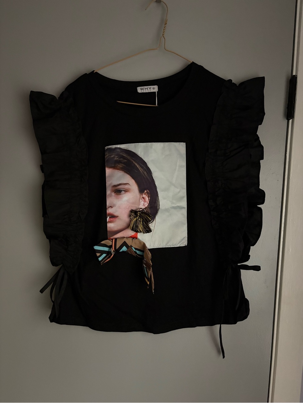 Black Ruffle Sleeve Graphic Portrait Top